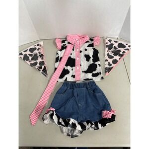 Toddler Girls Cow Print Cowgirl Outfit Set Pink Gingham Denim Shorts 2-3T Banner